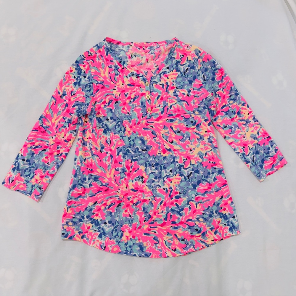 Lilly Pulitzer Girls Vibrant Pink and Blue Cotton Button Top Size 12-14